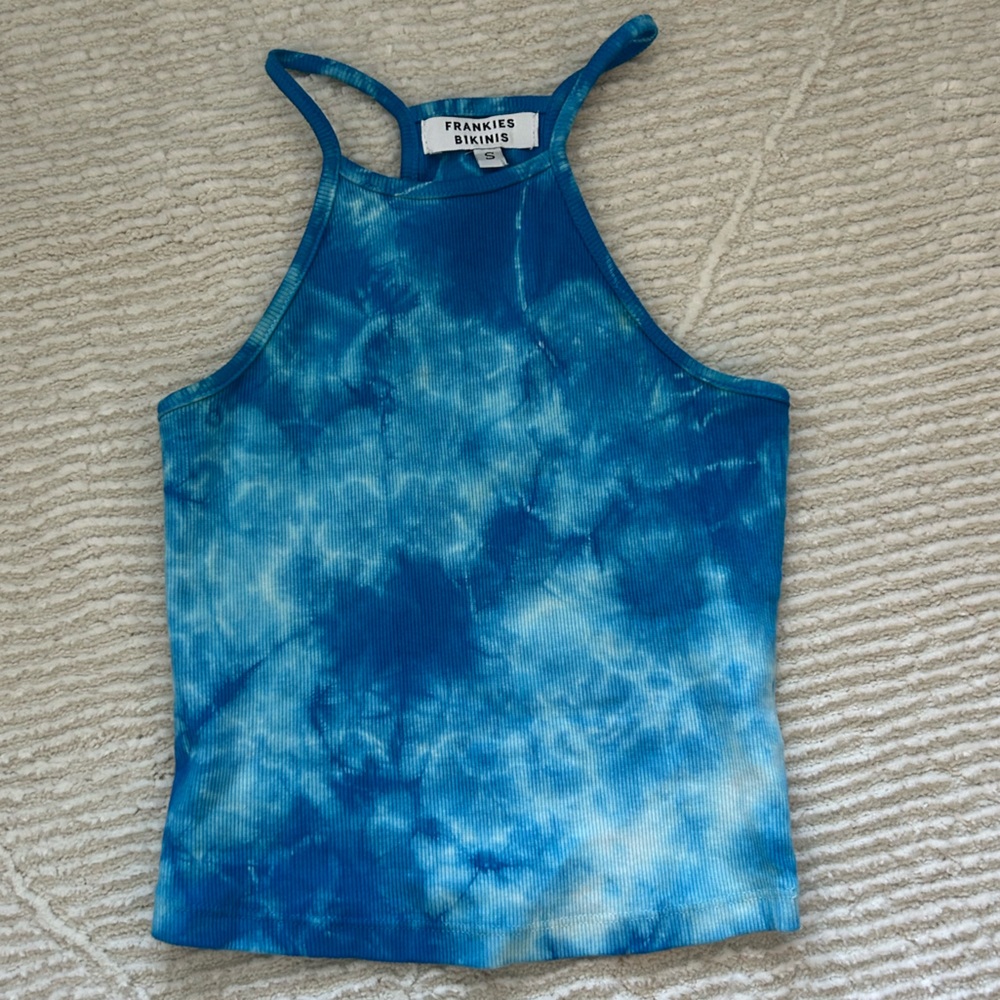 Frankie’s bikinis blue tie dye high neck crop top tank top small fits like xs